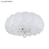 Modern Frosted Glass Flushmount Ceiling Lamp With Crystal Ball - Drum Design White Finish Available