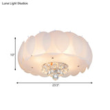 Modern Frosted Glass Flushmount Ceiling Lamp With Crystal Ball - Drum Design White Finish Available