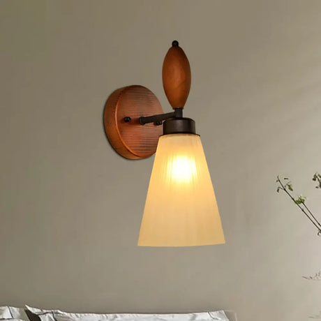Modern Frosted Glass Wall Mounted Lamp - Stylish 1-Light Red Brown Sconce With Wooden Backplate