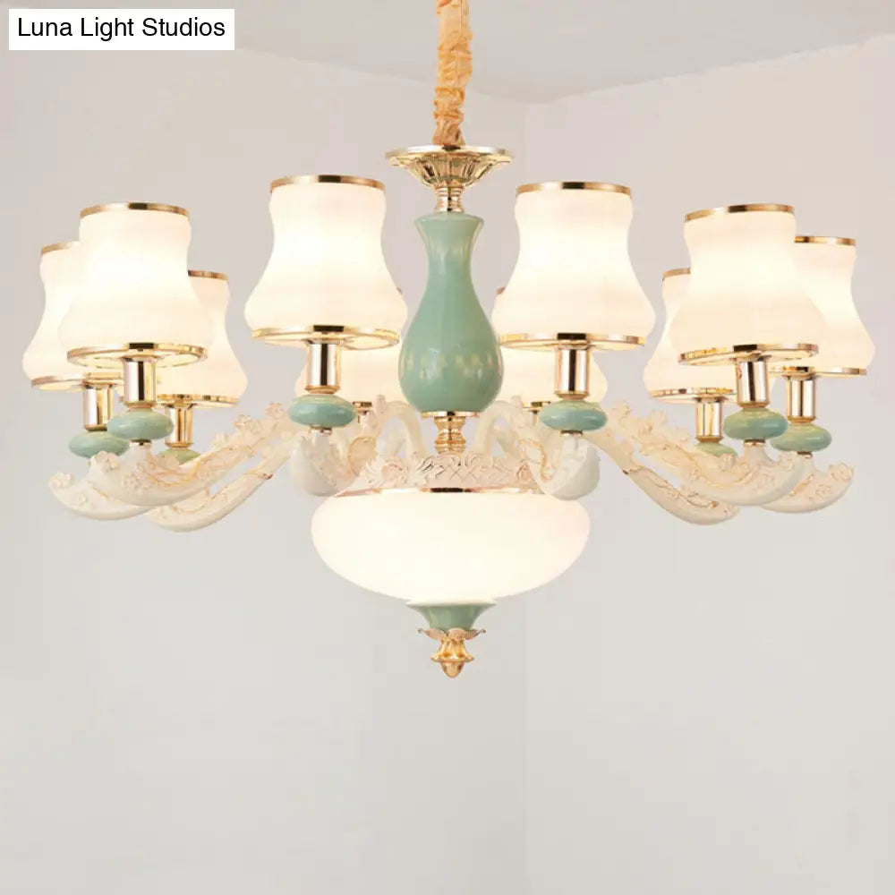 Modern Frosted Glass & White Ceramics Chandelier Light Flared Suspension Lighting For Living Room
