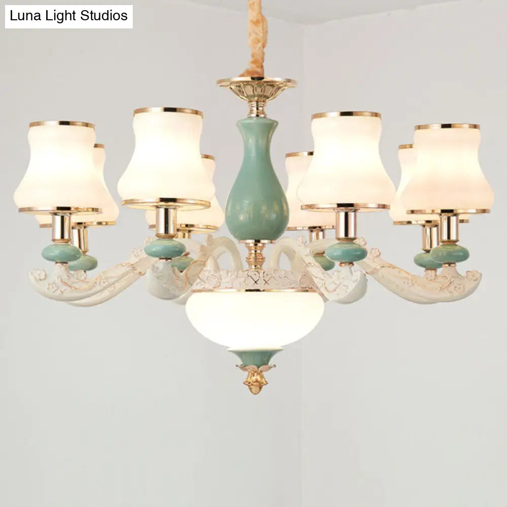 Modern Frosted Glass & White Ceramics Chandelier Light Flared Suspension Lighting For Living Room