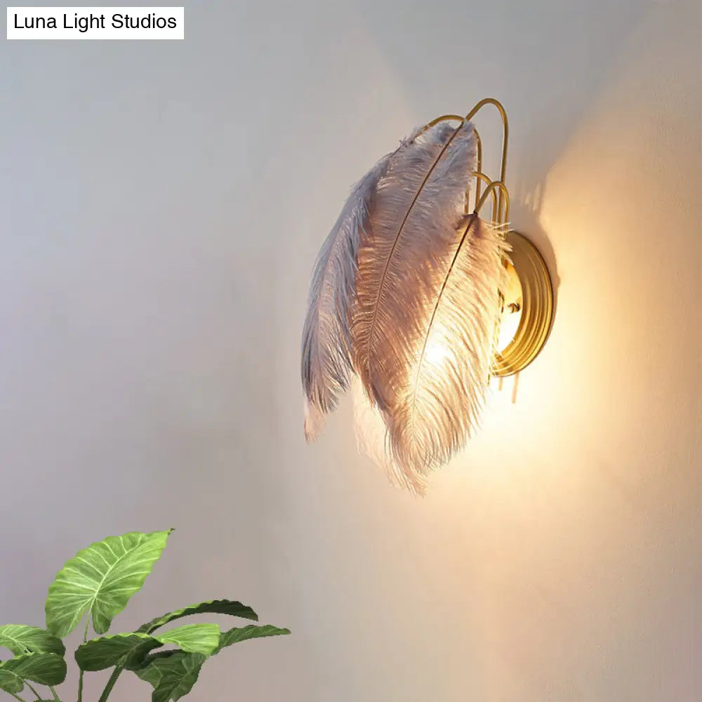 Modern Furry Goose Feather Wall Lamp - Sleek Single-Bulb Sconce Light For Living Room (Grey/White)