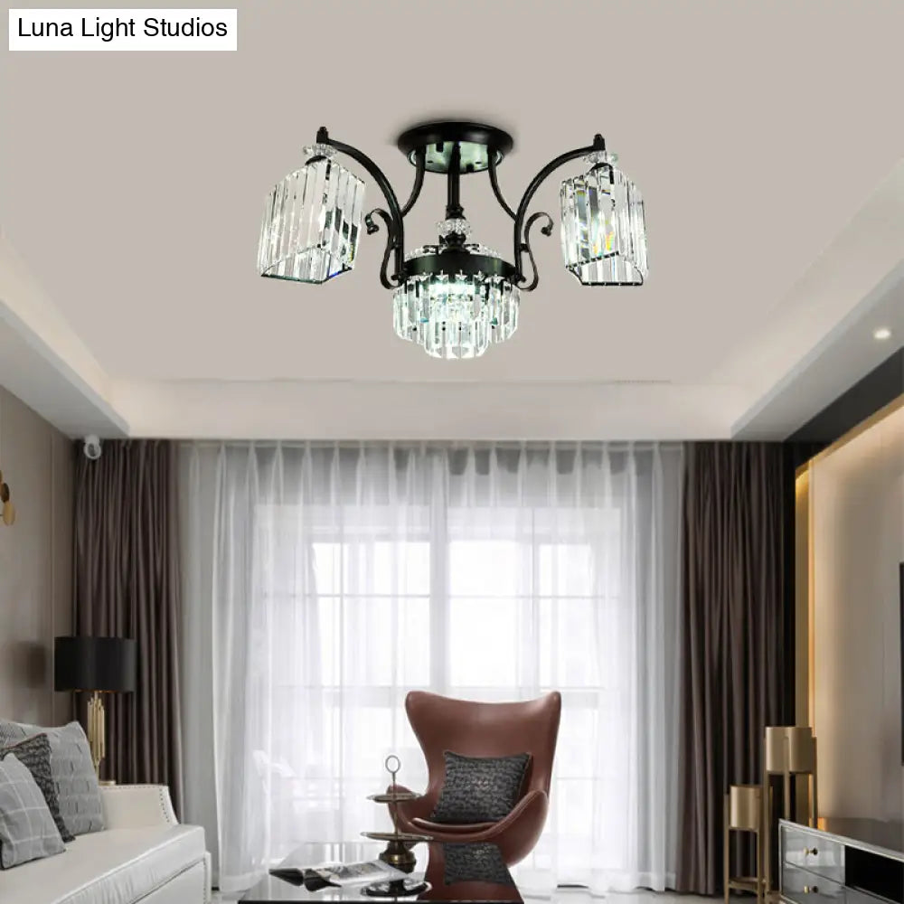 Modern Geometric Ceiling Mounted Fixture With Crystal Rods And 3 Black Flush Lights In White