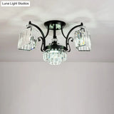 Modern Geometric Ceiling Mounted Fixture With Crystal Rods And 3 Black Flush Lights In White