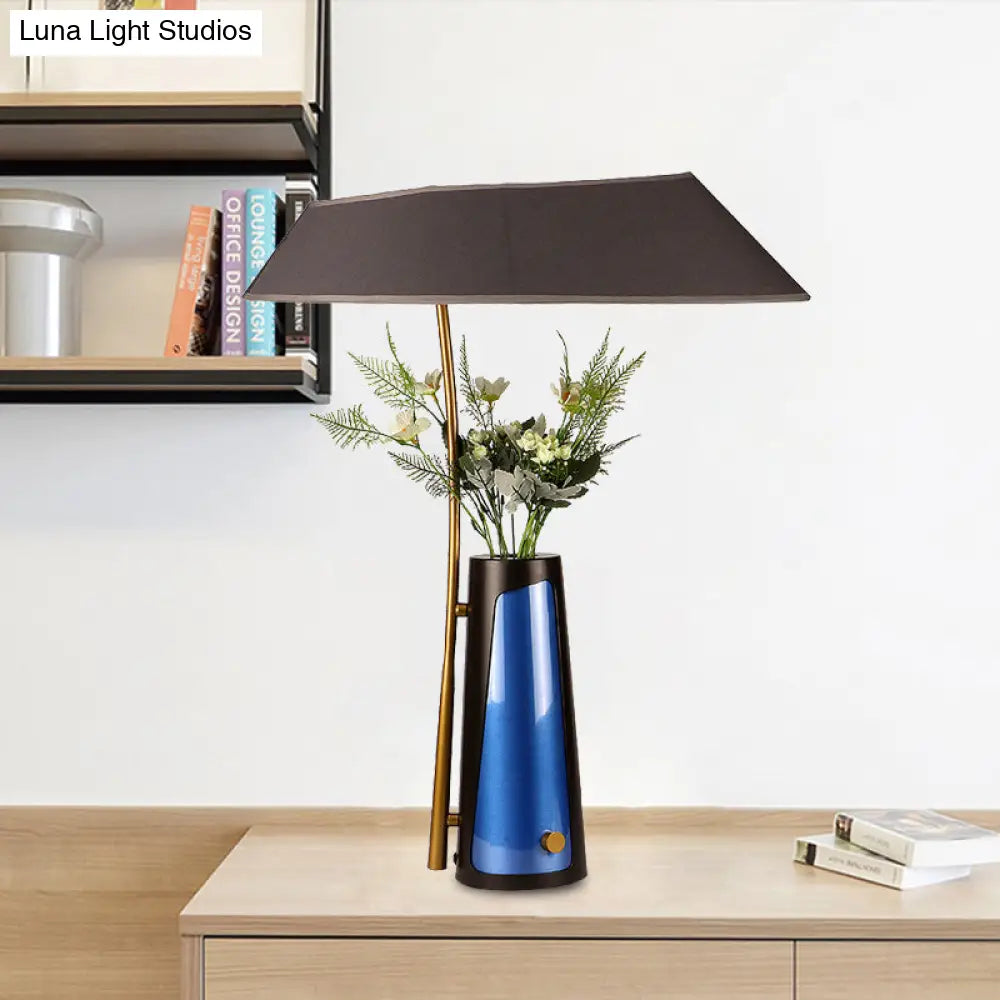 Modern Geometric Table Lamp With Flower Vase 1-Light Black Nightstand Light