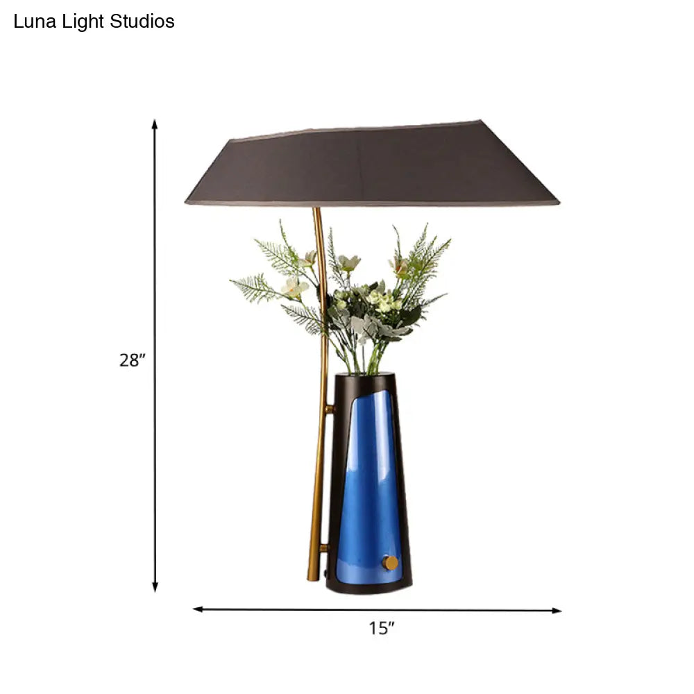 Modern Geometric Table Lamp With Flower Vase 1-Light Black Nightstand Light