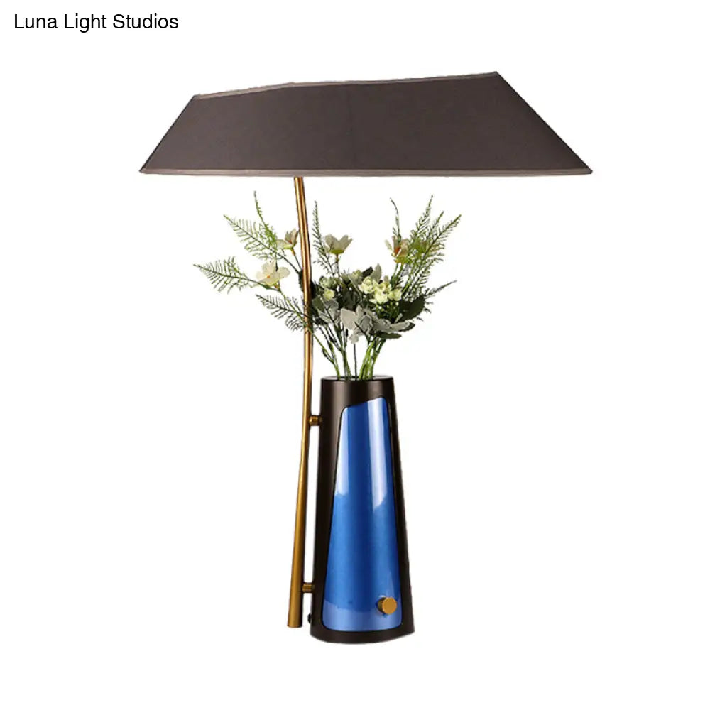 Modern Geometric Table Lamp With Flower Vase 1-Light Black Nightstand Light