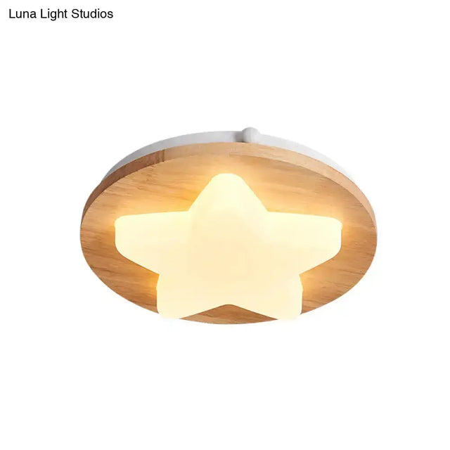 Modern Geometric Wooden Led Bedroom Flush Ceiling Light With Beige Acrylic Shade