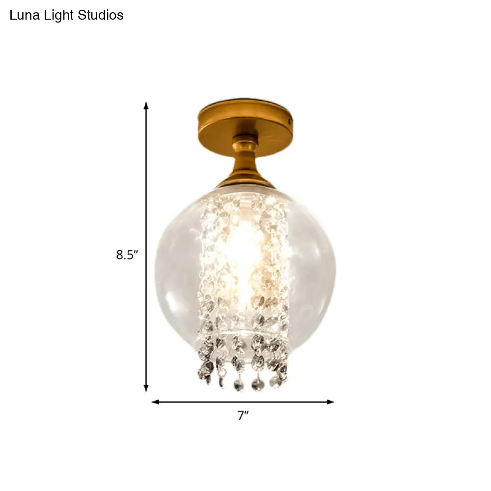 Modern Glass And Metal Semi Flush Light With Crystal Bead Accent - Brass Finish