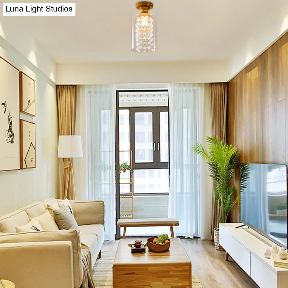 Modern Glass And Metal Semi Flush Light With Crystal Bead Accent - Brass Finish
