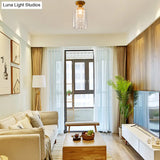Modern Glass And Metal Semi Flush Light With Crystal Bead Accent - Brass Finish