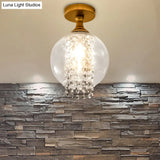 Modern Glass And Metal Semi Flush Light With Crystal Bead Accent - Brass Finish