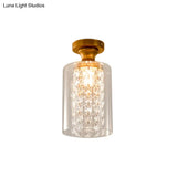 Modern Glass And Metal Semi Flush Light With Crystal Bead Accent - Brass Finish