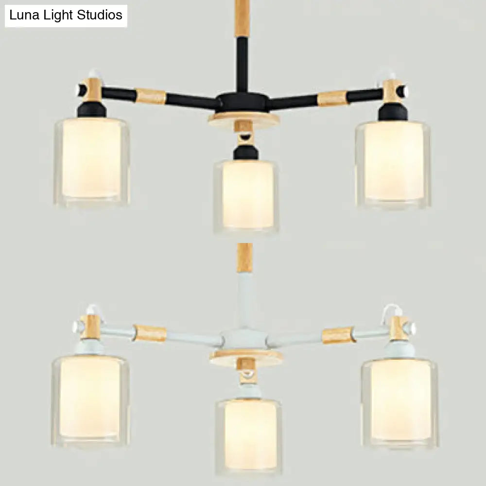 Modern Glass And Wood Cylinder Pendant Light Fixture With 3 Bulbs - Stylish Hanging Ceiling Lamp For