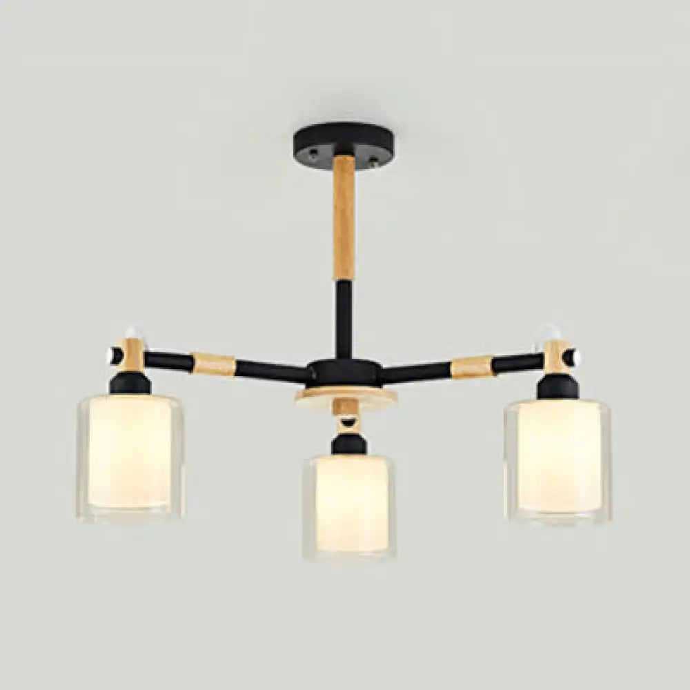 Modern Glass And Wood Cylinder Pendant Light Fixture With 3 Bulbs - Stylish Hanging Ceiling Lamp For