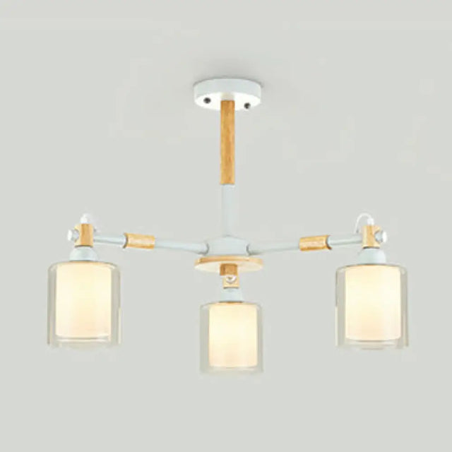 Modern Glass And Wood Cylinder Pendant Light Fixture With 3 Bulbs - Stylish Hanging Ceiling Lamp For