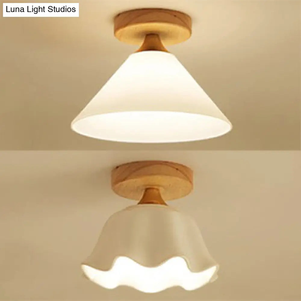 Modern Glass Ceiling Lamp With White Shade Cone And Wooden Canopy For Foyer - One Light Scalloped
