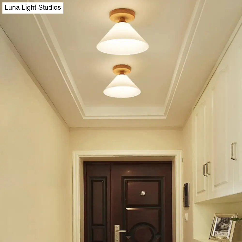 Modern Glass Ceiling Lamp With White Shade Cone And Wooden Canopy For Foyer - One Light Scalloped