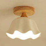 Modern Glass Ceiling Lamp With White Shade Cone And Wooden Canopy For Foyer - One Light Scalloped