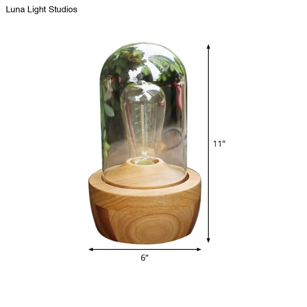 Modern Glass Cylinder Table Lamp With Wood Base For Bedroom