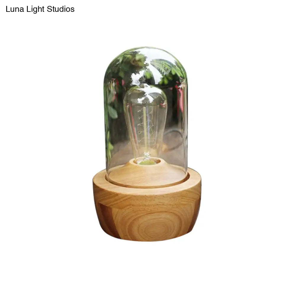 Modern Glass Cylinder Table Lamp With Wood Base For Bedroom