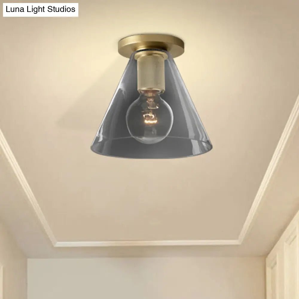 Modern Glass Flush Pendant Ceiling Light In Brass For Balcony - Globe Cone Cylinder Trumpet Shapes