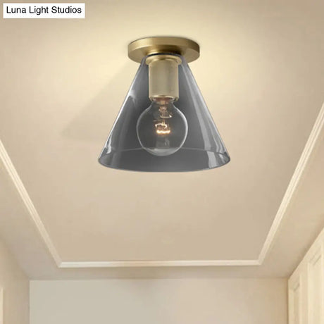 Modern Glass Flush Pendant Ceiling Light In Brass For Balcony - Globe Cone Cylinder Trumpet Shapes