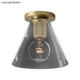 Modern Glass Flush Pendant Ceiling Light In Brass For Balcony - Globe Cone Cylinder Trumpet Shapes