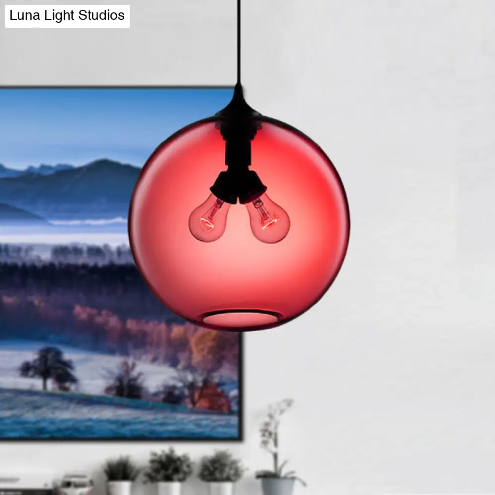 Modern Glass Globe Pendant Light - 2 Lights Red/Brown/Clear