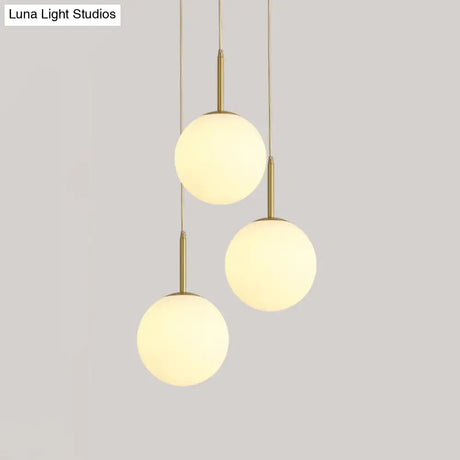 Modern Glass Orb Ceiling Light With 3 Brass Lights - White Pendant Lamp