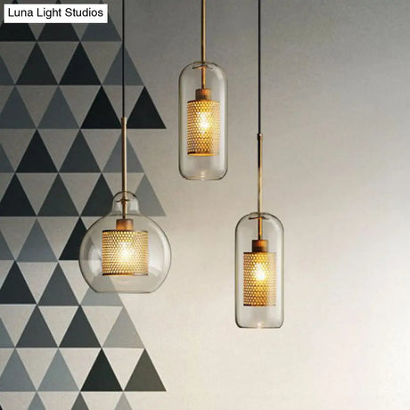 Modern Glass Pendant Lamp With Geometric Design And Mesh Guard