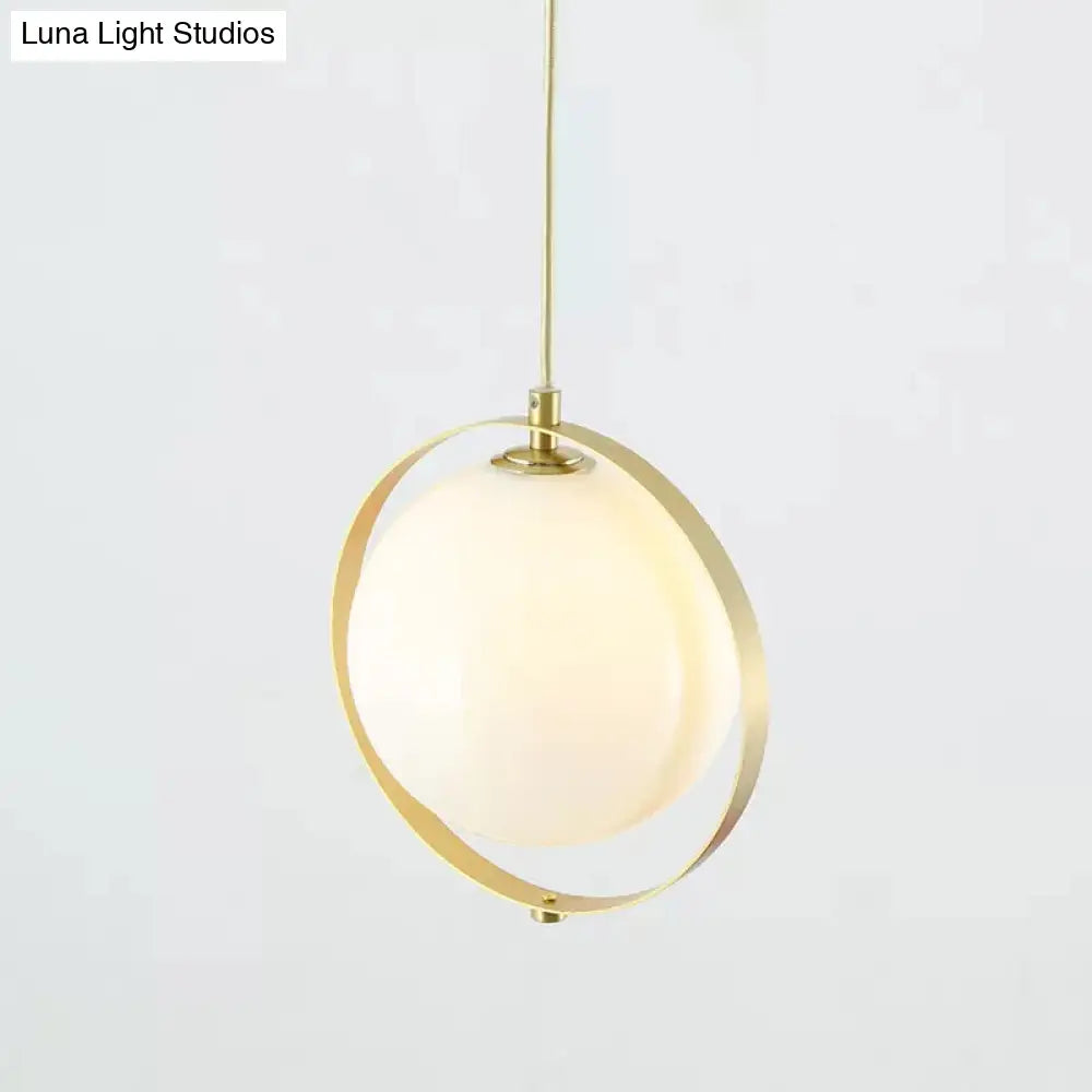 Modern Glass Pendant Light With Brass Ring - Globe White Hanging Kit