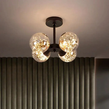 Modern Glass Semi Flush Mount Ceiling Light With Spherical Led Bulbs - 4-Light Bedroom Fixture Black