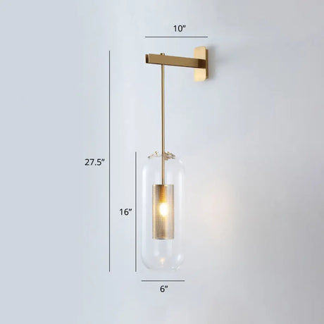 Modern Glass Wall Lamp With Brass Sconce And Mesh Guard Clear / Short Arm
