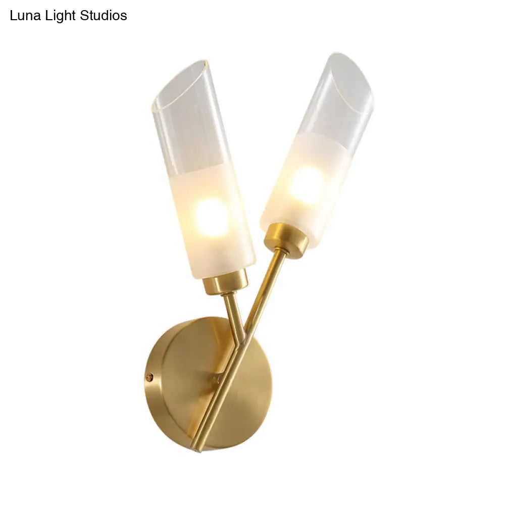 Modern Glass Wall Sconce With Beveled Tubes And 2-Light Brass Fixture