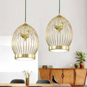Modern Global Cage 1-Head Gold Finish Hanging Light With Bird Deco Pendant