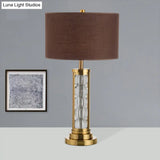 Modern Global Desk Lamp With Clear Crystal Accent Brown Base And Fabric Shade
