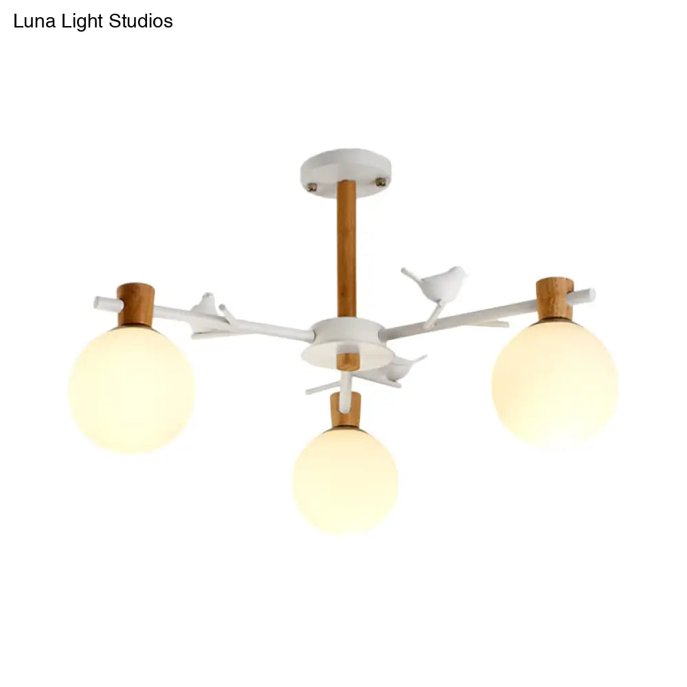 Modern Globe Chandelier With White Glass Shades - 3-Light Bedroom Lighting Fixture