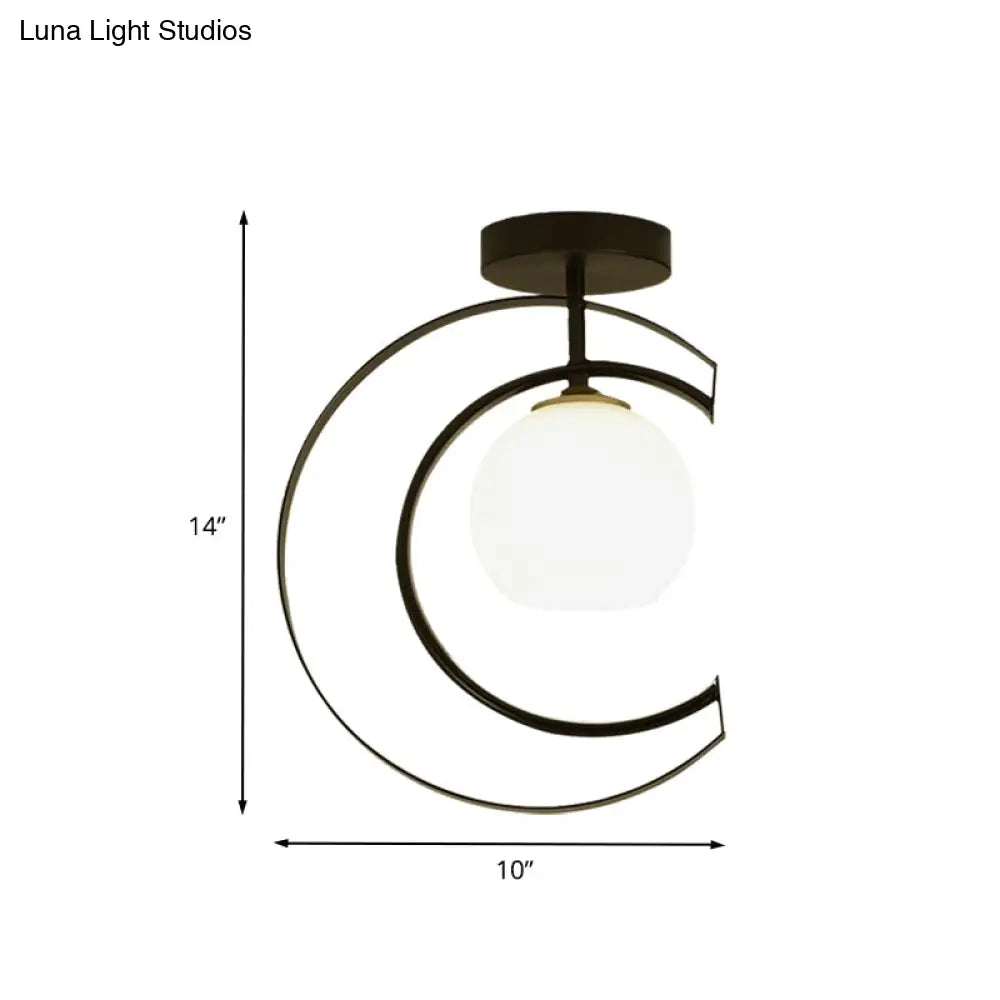 Modern Globe Semi Flush Mount Ceiling Lamp - White Glass 1 - Light Black With Moon Iron Frame