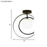 Modern Globe Semi Flush Mount Ceiling Lamp - White Glass 1 - Light Black With Moon Iron Frame