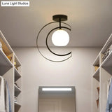 Modern Globe Semi Flush Mount Ceiling Lamp - White Glass 1 - Light Black With Moon Iron Frame