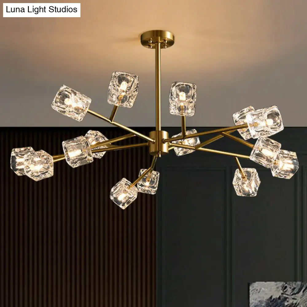 Modern Gold Branch Chandelier Lamp With Clear Crystal Cube - Living Room Suspension Light