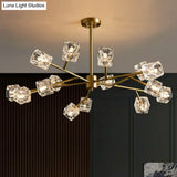 Modern Gold Branch Chandelier Lamp With Clear Crystal Cube - Living Room Suspension Light