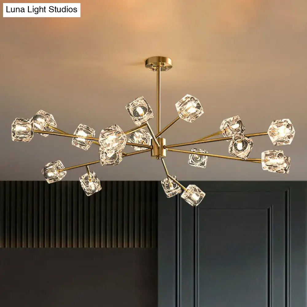 Modern Gold Branch Chandelier Lamp With Clear Crystal Cube - Living Room Suspension Light