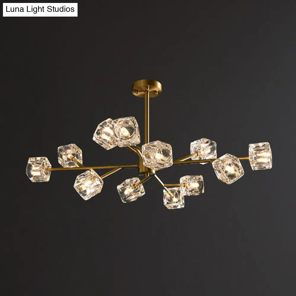 Modern Gold Branch Chandelier Lamp With Clear Crystal Cube - Living Room Suspension Light