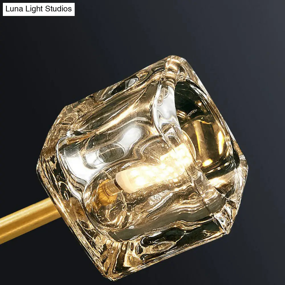 Modern Gold Branch Chandelier Lamp With Clear Crystal Cube - Living Room Suspension Light