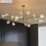 Modern Gold Branch Chandelier Lamp With Clear Crystal Cube - Living Room Suspension Light