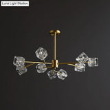 Modern Gold Branch Chandelier Lamp With Clear Crystal Cube - Living Room Suspension Light