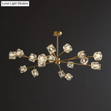 Modern Gold Branch Chandelier Lamp With Clear Crystal Cube - Living Room Suspension Light