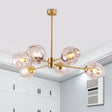 Modern Gold Branched Chandelier - 6 Heads Dimpled Cup Glass Suspension Light